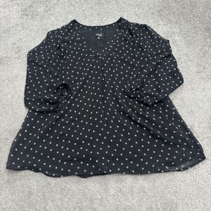 Jones New York Sheer Tunic Blouse Womens XL Black Polka Dot Long Sleeve V-Neck
